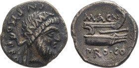 MONETE ROMANE PRE-IMPERIALI. POMPEO MAGNO (106-48 a.C.) DENARIO
Ar. Zecca di Spagna. 3,87 gr. 18 mm. R. Bb 50. 
D: CN. PISO. PRO. Q. Testa di Numa P...