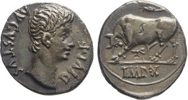 MONETE ROMANE IMPERIALI. AUGUSTO (27 a.C.-14 d.C.) DENARIO
Ar. Zecca di Lugdunum. 3,76 gr. 19 mm. RR. Bb50.
D: AVGVSTVS DIVI F. Testa nuda di August...