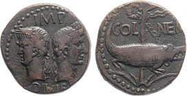 MONETE ROMANE IMPERIALI. AGRIPPA (12 a.C.) ASSE (O DUPONDIO)
Ae. Zecca di Nimes. 13,04 gr. 25 mm. R. Mb38.
D: NIMES IMP. DIVI F. le teste di schiena...
