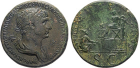MONETE ROMANE IMPERIALI. TRAIANO (98-117 d.C.) SESTERZIO
Ae. 27,67 gr. 33 mm. RR. Mb35.
D: IMP. CAES. NER. TRAIANO OPTIMO AVG. GER. DAC. PARTHICO P....