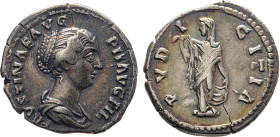 MONETE ROMANE IMPERIALI. FAUSTINA MINORE (175 d.C.) DENARIO
Ar. Zecca di Roma. 3,13 gr. 19 mm. R. Bb41.
D: FAVSTINAE AVG. PII. AVG. FIL. Busto diade...