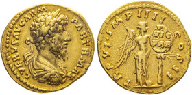 MONETE ROMANE IMPERIALI. LUCIO VERO (161-169 d.C.) AUREO
Au. Zecca di Roma 166. 7,19 gr. 20 mm. RRR. Spl55.
D: L. VERVS AVG. ARM. PARTH. MAX. Busto ...