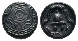 KINGS OF MACEDON. Philip III Arrhidaios. (323-317 BC). Ae. Miletos (?).

Obv: Macedonian shield with pellet on boss
Rev: Crested Macedonian helmet; gr...