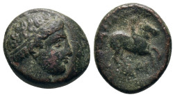 KINGS OF MACEDON. Philip II Arrhidaios. (359-336 BC). Ae. Uncertain Mint.

Obv: Diademed head right
Rev: Horseman riding right; labrys above. monog...