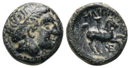 KINGS OF MACEDON. Philip II Arrhidaios. (359-336 BC). Ae. Uncertain Mint.

Obv: Diademed head right
Rev: Horseman riding right; labrys above. monog...