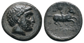 KINGS OF MACEDON. Philip III Arrhidaios. (323-317 BC). Ae. Miletos

Obv: Diademed head right
Rev: Horseman riding right; labrys above. monogram bel...