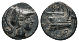 KINGS OF MACEDON. Demetrios I Poliorketes. (306-283 BC). Ae.

Obv: Helmeted head of Athena right.
Rev. Prow of galley to right. B-A above. monogram...