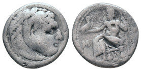 KINGS OF MACEDON. Alexander III 'the Great' (336-323 BC). Drachm. Kolophon

Obv: Head of Herakles right, wearing lion skin.
Rev: AΛEΞANΔPOY.
Zeus seat...