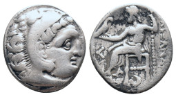 KINGS OF MACEDON. Alexander III 'the Great' (336-323 BC). Drachm. Kolophon

Obv: Head of Herakles right, wearing lion skin.
Rev: AΛEΞANΔPOY.
Zeus ...