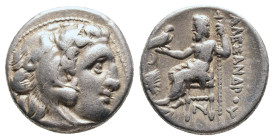 KINGS OF MACEDON. Alexander III 'the Great' (336-323 BC). Drachm. Kolophon

Obv: Head of Herakles right, wearing lion skin.
Rev: AΛEΞANΔPOY.
Zeus ...