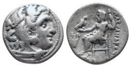 KINGS OF MACEDON. Alexander III 'the Great' (336-323 BC). Drachm. Kolophon

Obv: Head of Herakles right, wearing lion skin.
Rev: AΛEΞANΔPOY.
Zeus ...