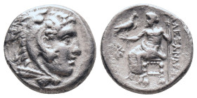 KINGS OF MACEDON. Alexander III 'the Great' (336-323 BC). AR. Drachm. 

Obv: Head of Herakles right, wearing lion skin.
Rev: AΛEΞANΔPOY.
Zeus seated l...