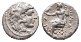 KINGS OF MACEDON. Alexander III ‘the Great’ (336-323 BC). AR Drachm. Kolophon 

Obv: Head of Herakles to right. wearing lion skin headdress.
Rev: AΛEΞ...