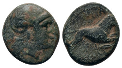 KINGS OF THRACE. Lysimacheia. Lysimachos. Ae . 305-281 BC. Obv: Helmeted head of Athena right. Rev: ΒΑΣΙΛΕΩΣ / ΛΥΣΙΜΑΧΟΥ. Lion leaping right; kerykeio...