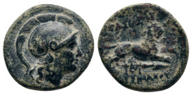 KINGS OF THRACE. Lysimacheia. Lysimachos. Ae . 305-281 BC.

Obv: Helmeted head of Athena right.
Rev: ΒΑΣΙΛΕΩΣ / ΛΥΣΙΜΑΧΟΥ. Lion leaping right; kery...