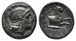 KINGS OF THRACE. Lysimachos. 305-281 BC. AE. 

Obv: Head of Athena to right. wearing crested Attic helmet. 
Rev. Forepart of lion right; BAΣΙΛΕΩΣ abov...