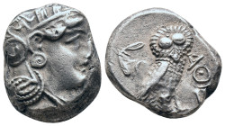 Attica. Athens AR Tetradrachm. Circa 350-294 BC. Helmeted head of Athena right. c/m on cheek / Owl standing right. head facing; olive sprig and cresce...