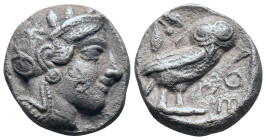 Attica. Athens AR Tetradrachm. Circa 350-294 BC. Helmeted head of Athena right. c/m on cheek / Owl standing right. head facing; olive sprig and cresce...