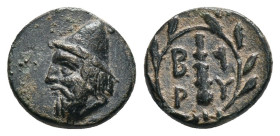 TROAS. Birytis. ca. 350-300 BC. AE . Head of Kabeiros to left. wearing pileus. Rev. B-I / P-Y in two lines. around vertical club. all within laurel wr...