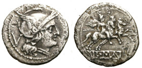 ANONIME. (dopo 211 a. C.) Quinario (g. 2,01) Testa elmata di Roma a ds. R/ Dioscuri a cavallo verso ds. Cr. 44/6; B. 3 AR +BB