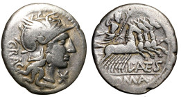 ANTESTIA. L. Antestius Gragulus (136 a. C.). Denario (g. 3,69). Testa di Roma elmata a ds. R/ Giove in quadriga verso ds. B. 9; Cr. 238/1. AR BB