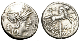MARCIA. C. M. Marcius Mn. f. (134 a. C.) Denario (g. 3,84). Testa elmata di Roma a ds. R/ Vittoria su biga verso ds.; sotto, due spighe di grano, M MA...