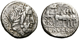 RUBRIA. L. Rubrius Dossenus (87 a. C.) Denario (g. 3,31). Testa di Giove a ds. R/ Carro trionfale verso ds. Cr. 348/1 AR +BB