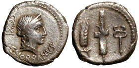 NORBANA. C. Norbanus (83 a. C.) Denario (g. 3,80). Testa diad. di Venere a ds. R/ Fasci tra chicchi di grano. Cr. 357/1b; B. 2 AR +BB