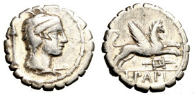 PAPIA. L. Papius (79 a. C.) Denario (g. 3,70). Testa di Juno Sospita a ds. con pelle di capra R/ Grifo verso ds. Cr. 384/85 AR +BB