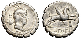 PAPIA. L. Papius (79 a. C.) Denario (g. 3,81). Testa di Juno Sospita a ds. con pelle di capra R/ Grifo verso ds. Cr. 384/92 AR +BB