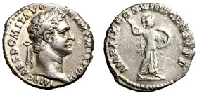 DOMIZIANO (81-96) Denario (g. 3,35). Testa laur. a ds. R/ Minerva con lancia e scudo verso ds. RIC 584; C. 233. AR qSPL