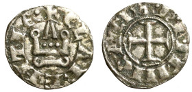 CHIARENZA. Carlo d'Angiò (1266-1285) Denaro tornese (g. 0,81). Croce R/ Castello. Gamb. 204 MI RARO +BB