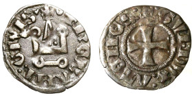 THEBE. Guido del la Roche (1287-1308) Denaro tornese (g. 0,67). Croce R/ Castello. Metcalf 1071/1072 MI RARO +BB