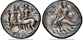 CALABRIA. Tarentum. Ca. 281-240 BC. AR stater or didrachm (21mm, 6.48 gm, 6h). NGC AU 4/5 - 5/5. Ca. 280-272 BC. Sodamus, Phy-, and Gy, magistrates. D...