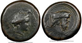 SICILY. Herbessus. Ca. 339-325 BC. AE drachm (27mm, 19.32 gm, 10h). NGC VF S 4/5 - 3/5, Fine Style, overstruck. EPBEΣΣINΩN, head of Sikelia right, wre...