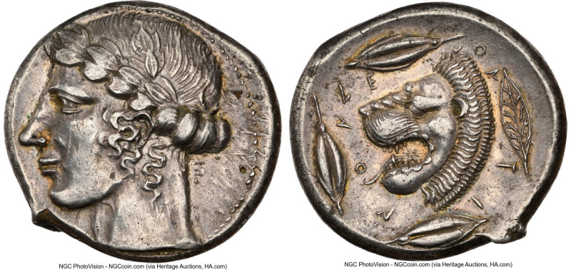 SICILY. Leontini. Ca. 450-420 BC. AR tetradrachm (25mm, 17.36 gm, 11h). NGC AU 4...