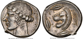 SICILY. Leontini. Ca. 450-420 BC. AR tetradrachm (25mm, 17.36 gm, 11h). NGC AU 4/5 - 4/5, Fine Style. Laureate head of Apollo left / LE-ON-TI-N-ON, he...
