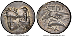 MOESIA. Istrus. Ca. 4th century BC. AR drachm (18mm, 4.79 gm, 1h). NGC AU S 5/5 - 5/5. Two male heads side-by-side, the right inverted / IΣTPIH, sea e...