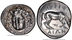 THESSALY. Larissa. 4th century BC. AR drachm (20mm, 6.06 gm, 9h). NGC MS 5/5 - 5/5. Head of nymph Larissa facing, turned slightly left, wearing ampyx,...