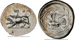 SICYONIA. Sicyon. Ca. 431-400 BC. AR stater (25mm, 12.12 gm, 3h). NGC Choice XF 5/5 - 3/5, Fine Style, light scratches. Chimaera stalking left, raisin...