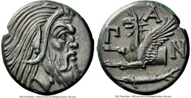 CIMMERIAN BOSPORUS. Panticapaeum. 4th century BC. AE (20mm, 7.28 gm, 12h). NGC AU 5/5 - 5/5, Fine Style. Head of bearded Pan right / Π-A-N, forepart o...