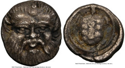 LESBOS. Methymna. Ca. 450/440-406 BC. AR hemiobol (7mm, 0.38 gm, 2h). NGC AU 4/5 - 3/5, Fine Style. Samian standard. Head of Silenus facing / Land tor...