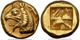 IONIA. Phocaea. Ca. 625-522 BC. EL 1/24 stater or myshemihecte (6mm, 0.66 gm). NGC Choice XF S 5/5 - 5/5. Head of griffin left, beak gaping open and t...