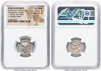 Q. Minucius Thermus M.f. (103 BC). AR denarius (19mm, 3.95 gm, 2h). NGC Choice AU S 4/5 - 4/5. Head of Mars left wearing crested helmet decorated with...