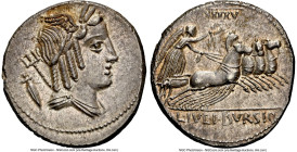 L. Julius Bursio (ca. 85 BC). AR denarius (19mm, 3.91 gm, 5h). NGC Choice AU S 5/5 - 5/5. Rome. Head of syncretic male deity right, with the attribute...
