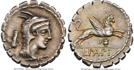 L. Papius (ca. 79 BC). AR denarius serratus (19mm, 3.89 gm, 6h). NGC Choice VF S 5/5 - 5/5. Rome. Head of Juno Sospita right, clad in goat's skin head...