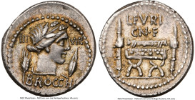 L. Furius Cn.f. Brocchus (ca. 63 BC). AR denarius (19mm, 3.93 gm, 5h). NGC Choice VF S 5/5 - 5/5. Rome. III-VIR / BROCCHI, draped bust of Ceres right,...
