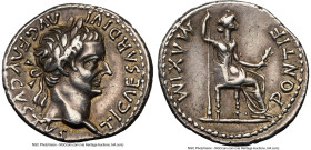 Tiberius (AD 14-37). AR denarius (19mm, 3.95 gm, 5h). NGC XF S 5/5 - 4/5. Lugdunum, ca. AD 18-35. TI CAESAR DIVI-AVG F AVGVSTVS, laureate head of Tibe...