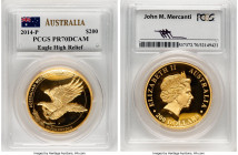 Elizabeth II gold Proof High Relief "Wedge-Tailed Eagle" 200 Dollars (2 oz) 2014-P PR70 Deep Cameo PCGS, Perth mint. Slab hand-signed by designer John...