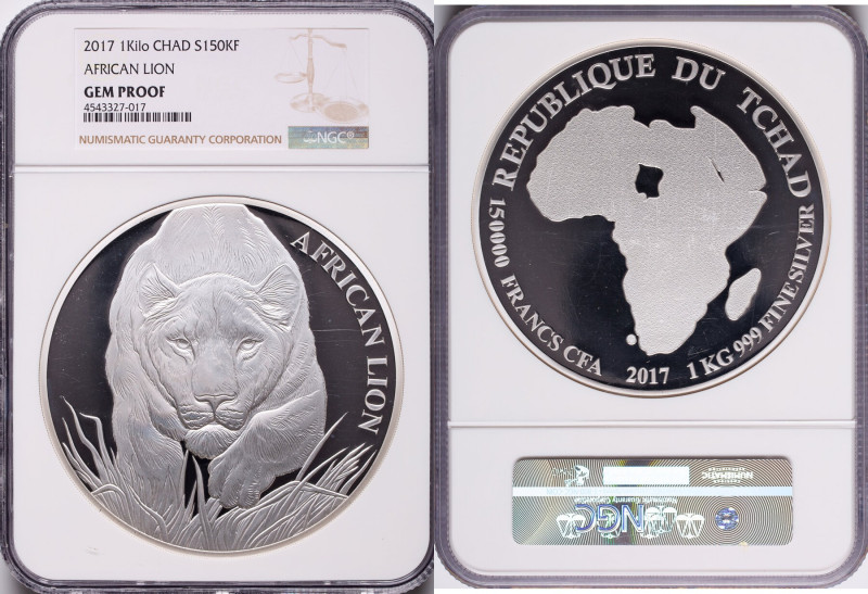 Republic silver Proof "African Lion" 150000 Francs (1 Kilo) 2017 Gem Proof NGC, ...